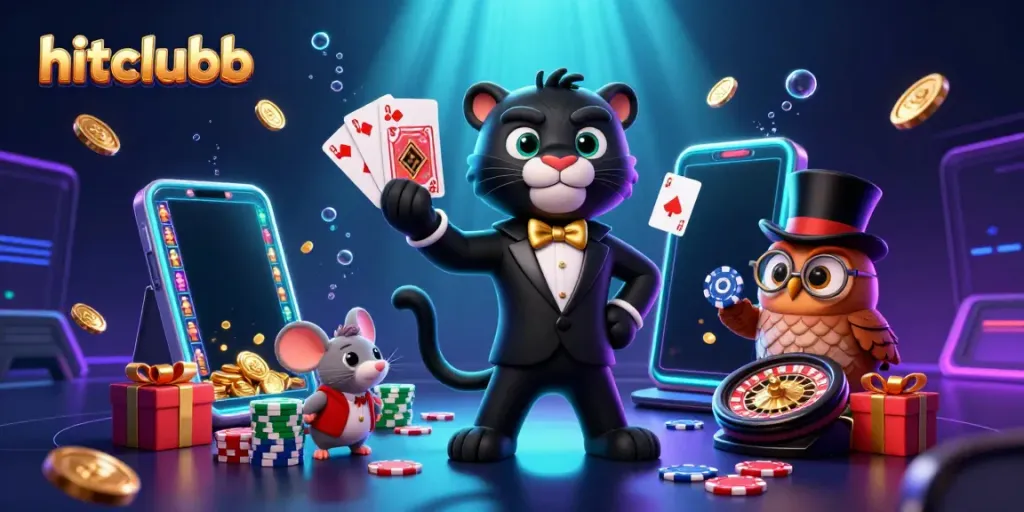 Hitclubb skills showcased by a stylish panther and friends in a vibrant casino scene.