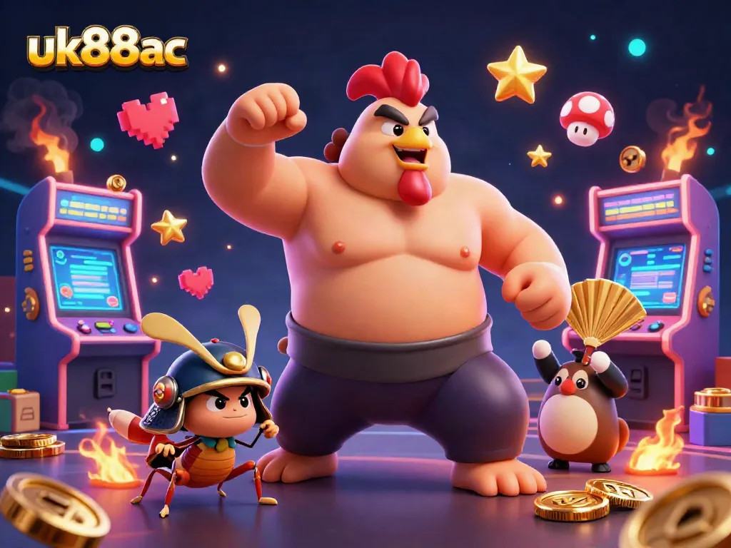 Experience excitement at uk88ac with a roaring sumo rooster, fierce cricket, and a tanuki announcer in this vibrant gambling scene.