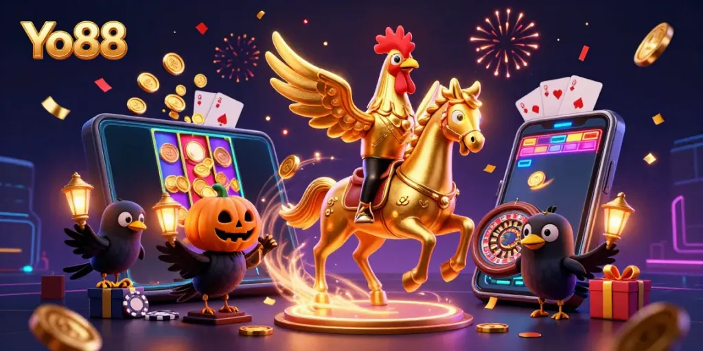 Experience thrilling gameplay at Yo88 with a vibrant casino scene featuring festive characters and dynamic game elements.
