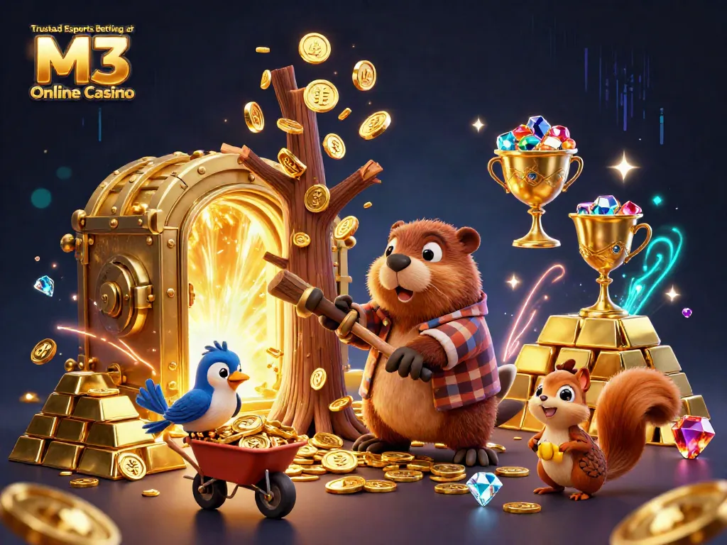 Play trusted esports betting at M3 Online Casino, featuring a fun illustration with vibrant characters and treasure.