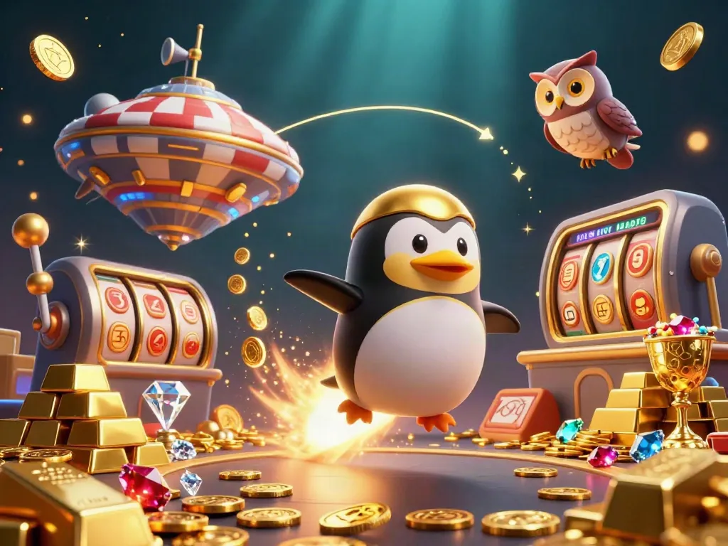 Experience exciting gameplay in MANCLUB with golden penguin leading a casino adventure amidst shimmering treasures.
