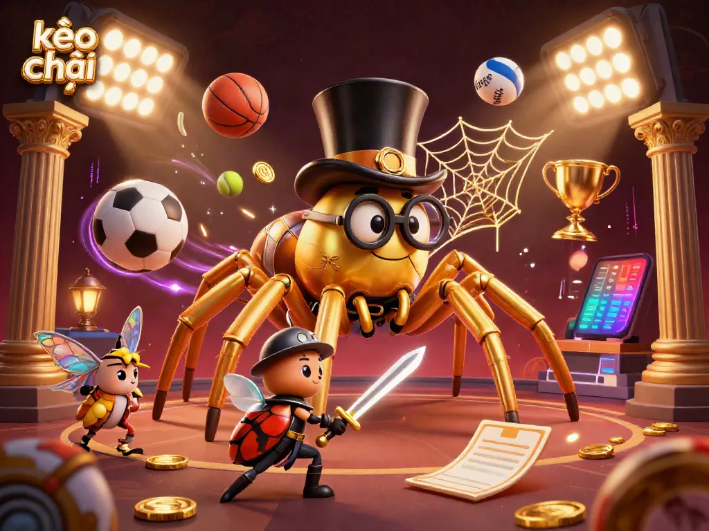 Engage with kèo nhà cái as a dynamic illustration showcases a golden tarantula and brave beetle in a casino-themed scene.