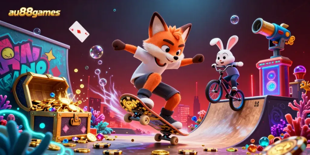 Join the action with au88games as a skateboarder fox performs tricks alongside a BMX rabbit in a vibrant casino-themed illustration.