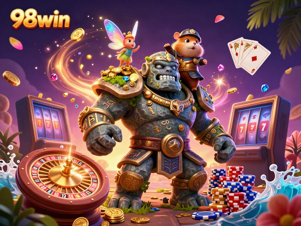 Join the thrilling adventures with 98win's magical golem and fairy as they explore enchanting casino treasures.