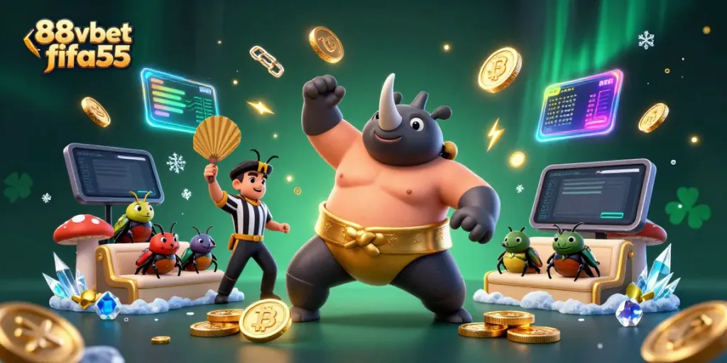 Experience the excitement of 88vbet fifa55 with a vibrant illustration of a sumo beetle champ showering coins in a dynamic casino scene.