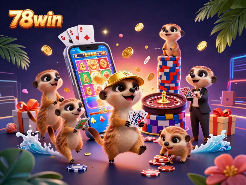 Engage with 78win's lively casino scene showcasing meerkats managing games and winning chips.
