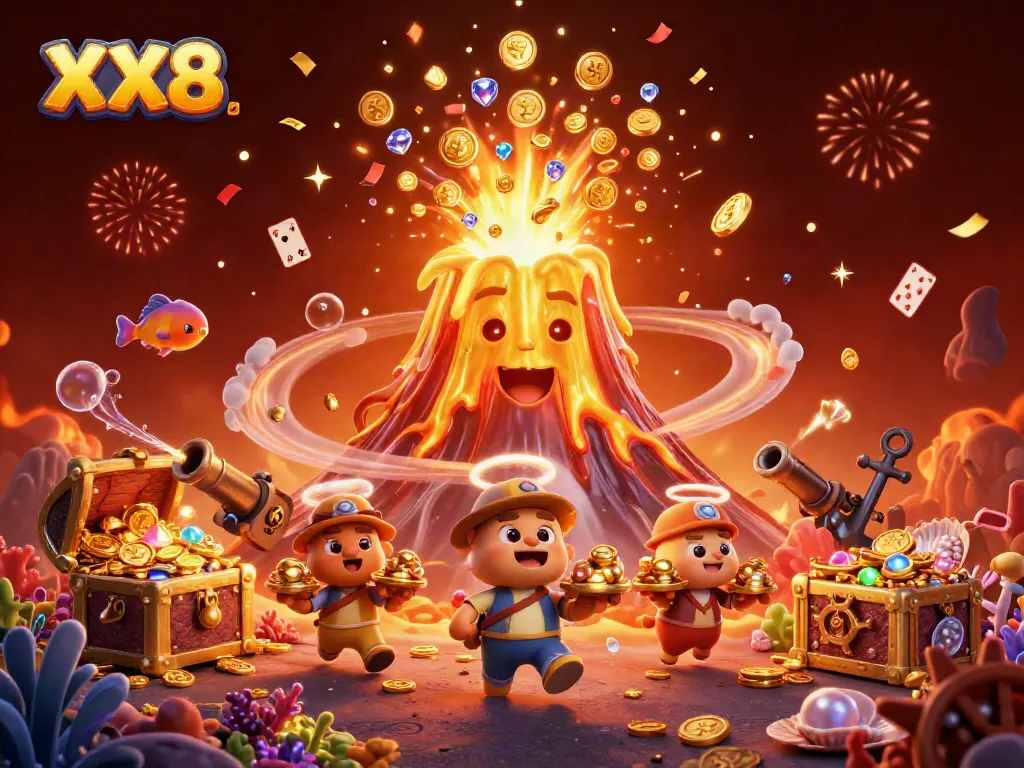 Experience the excitement of XX8 with a vibrant digital casino scene filled with treasure and dynamic gameplay.