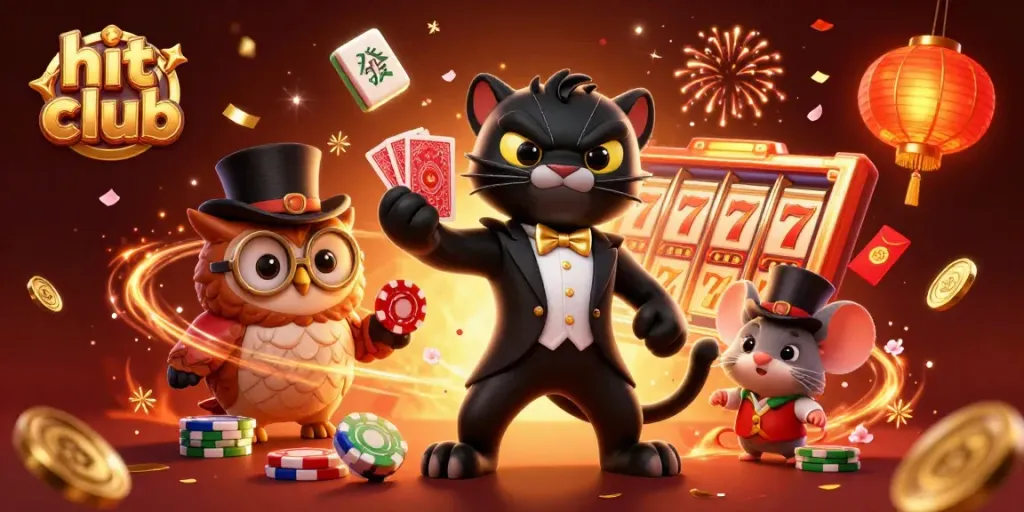 Join the excitement at Hit Club with a stylish black panther dealer, an owl, and lucky mouse amidst casino fun.