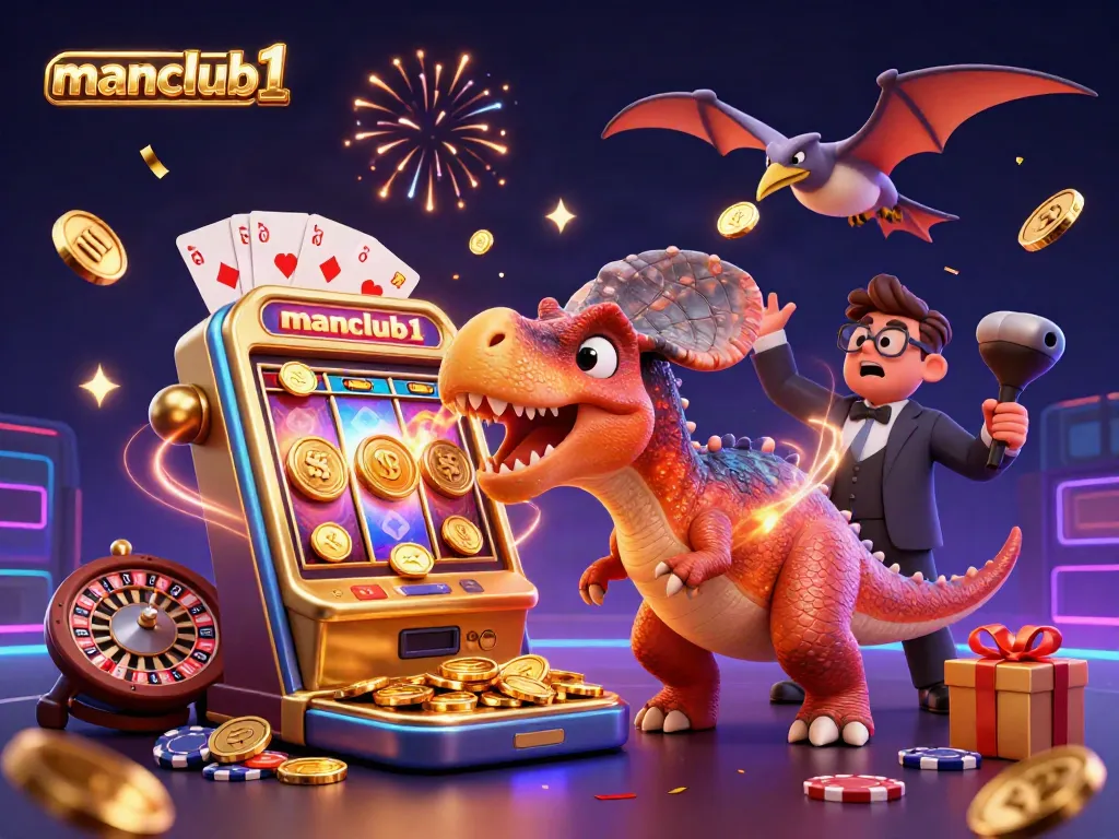 manclub1 showcases a pachycephalosaurus winning coins in a vibrant casino scene, filled with action and excitement.