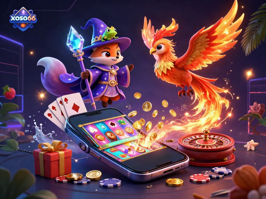 Engage with xoso66 in an ultra-detailed 3D scene of mystical characters with casino elements.