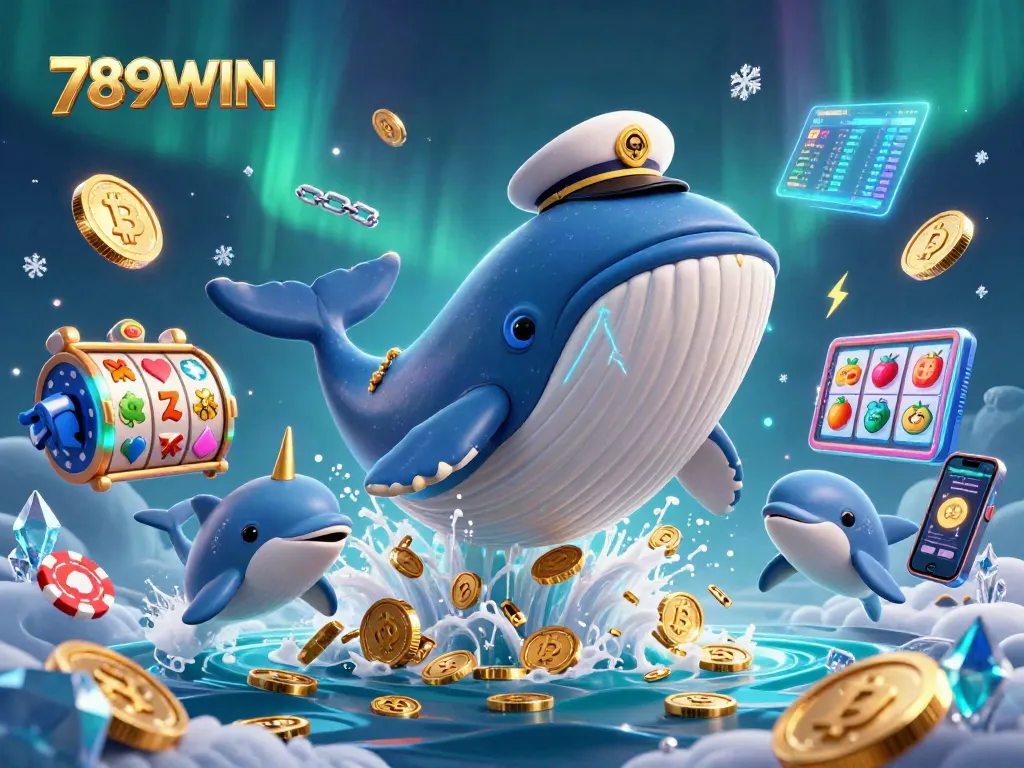 Experience thrilling wins with 789WIN, where a cartoon whale, narwhal, and dolphins entertain amidst gaming excitement.