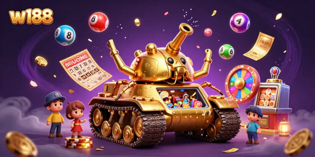 Experience the excitement of casino gaming with w188's colorful lottery balls and vibrant prize wheel in a dynamic scene.