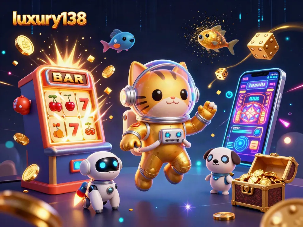 Engage in thrilling slots at luxury138 with a vibrant 3D illustration of jackpot excitement and cosmic adventure.