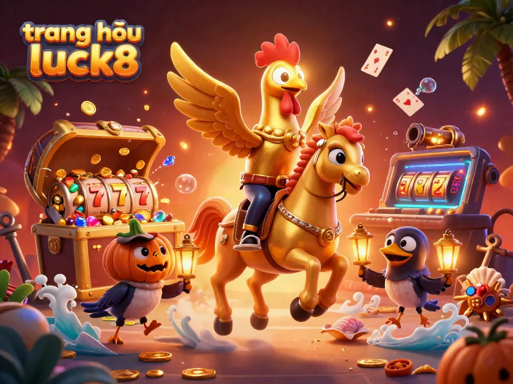 Celebrate winnings on trang chủ luck8 with a thrilling casino scene featuring a golden rooster riding a spectral horse.
