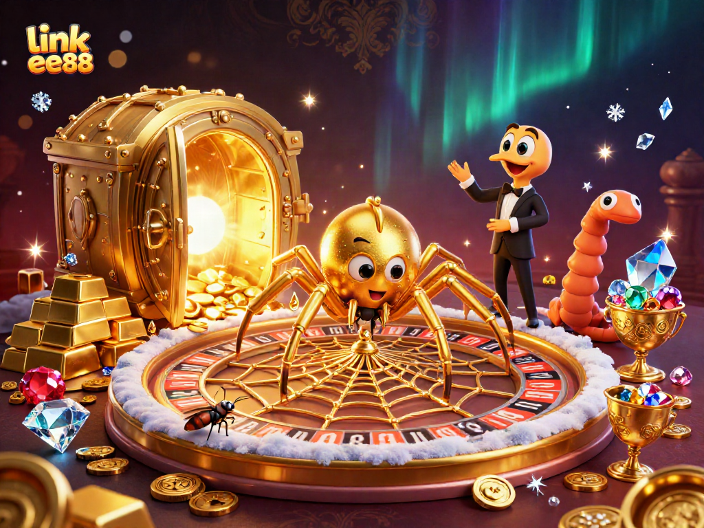 Engage with link ee88 as a golden spider spins a roulette web amidst treasures