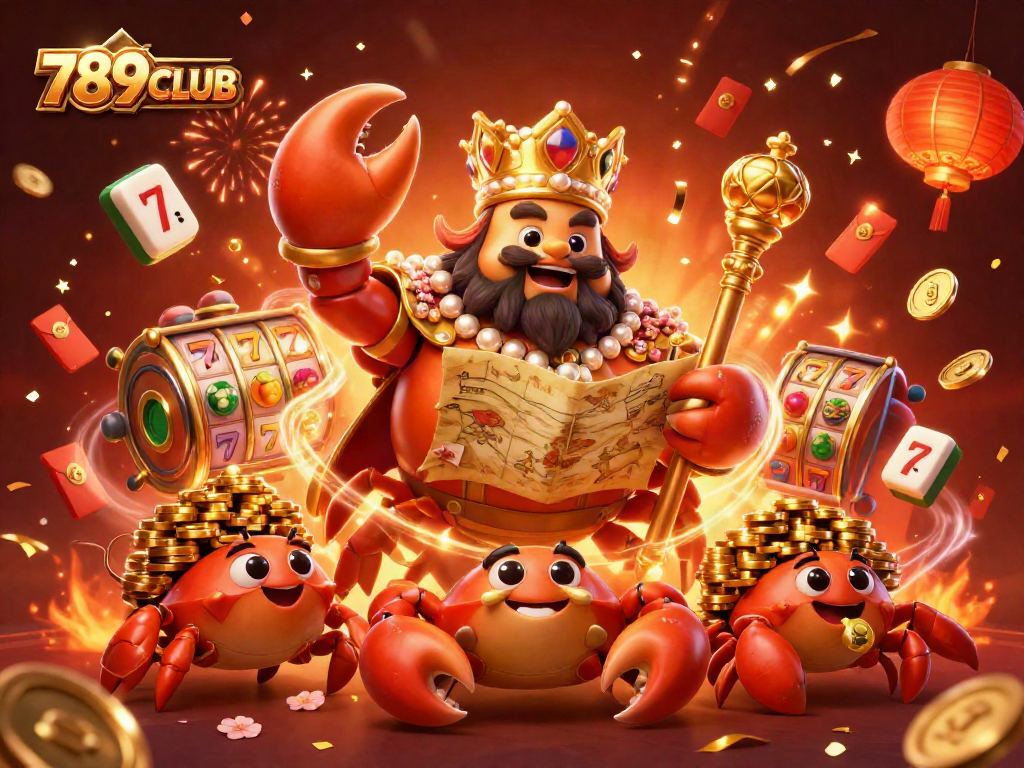 Engage with thrilling gameplay at 789CLUB, featuring a lavish 3D crab emperor and vibrant casino elements.
