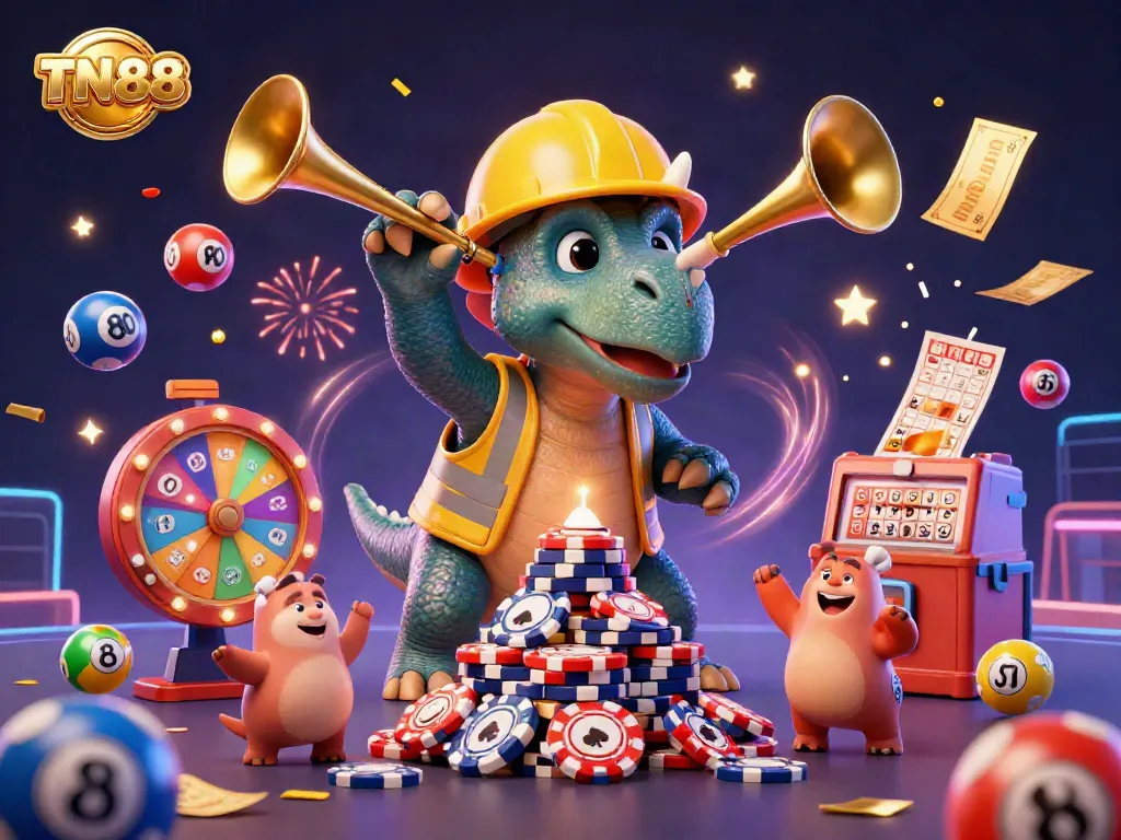Experience the vibrant celebration at TN88 with a triceratops stacking poker chips, surrounded by festive gaming elements.
