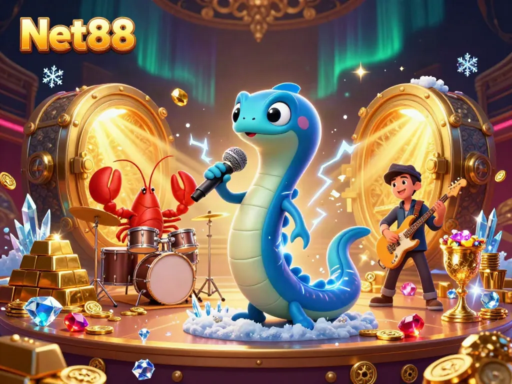 Net88 showcases a vibrant underwater casino scene with electric eel DJ, lobster drummer, and seahorse guitarist.