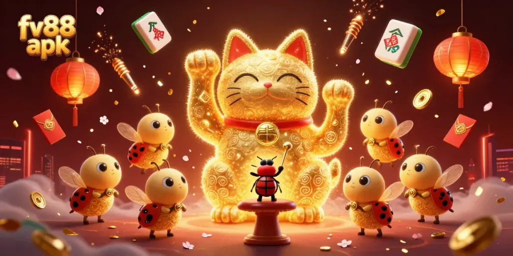 Play and win with the fv88 apk, featuring a vibrant lucky cat and dynamic casino symbols in a festive atmosphere.