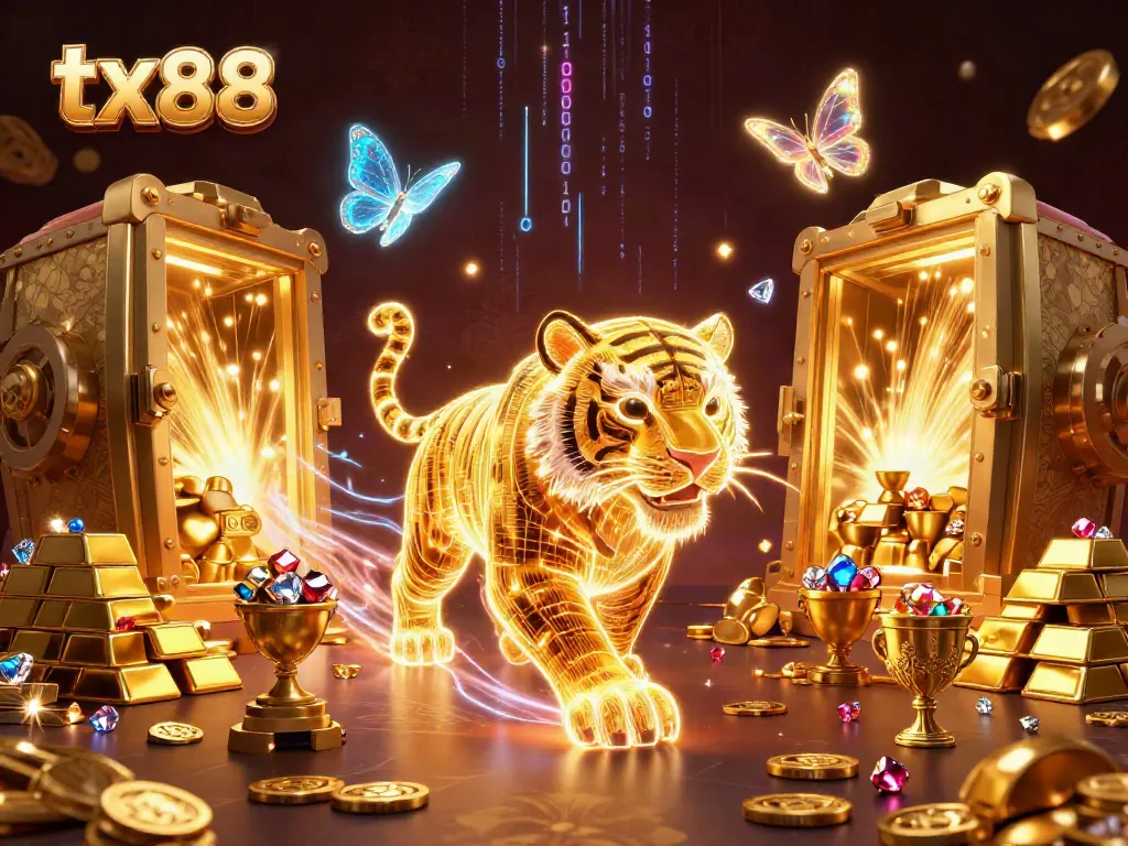 Experience thrilling wins at tx88 with a gleaming digital casino illustration, showcasing vibrant gaming elements
