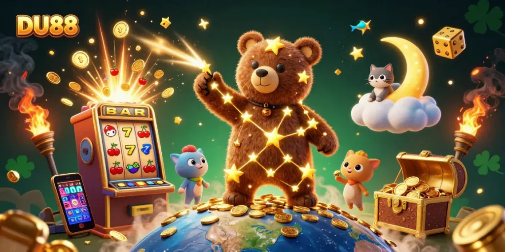 DU88 slot machine burst with treasures in a dazzling 3D casino scene.