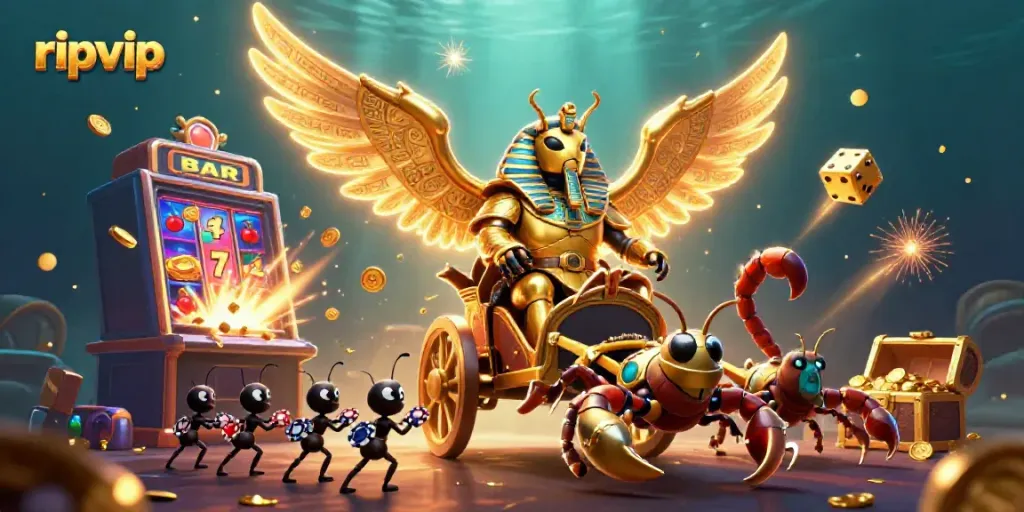 Experience the thrill of ripvip with a golden scarab beetle, explosive jackpots, and a vibrant casino scene.