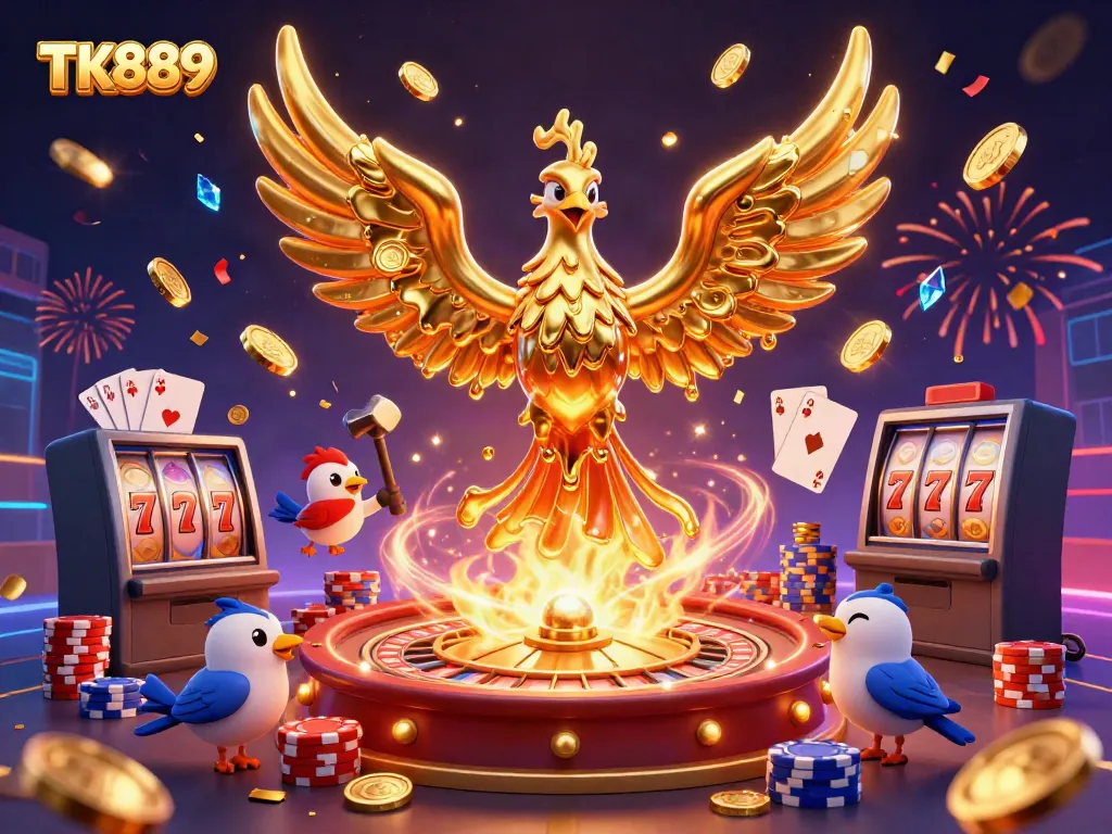 Experience the thrill of TK889 with a molten metal phoenix and casino elements celebrating wins.