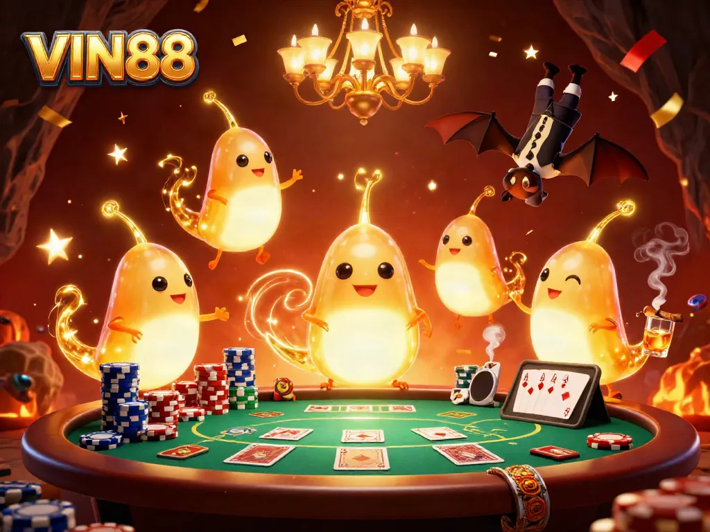 Experience the captivating ambiance of VIN88 with glowing glowworms and vibrant casino elements.
