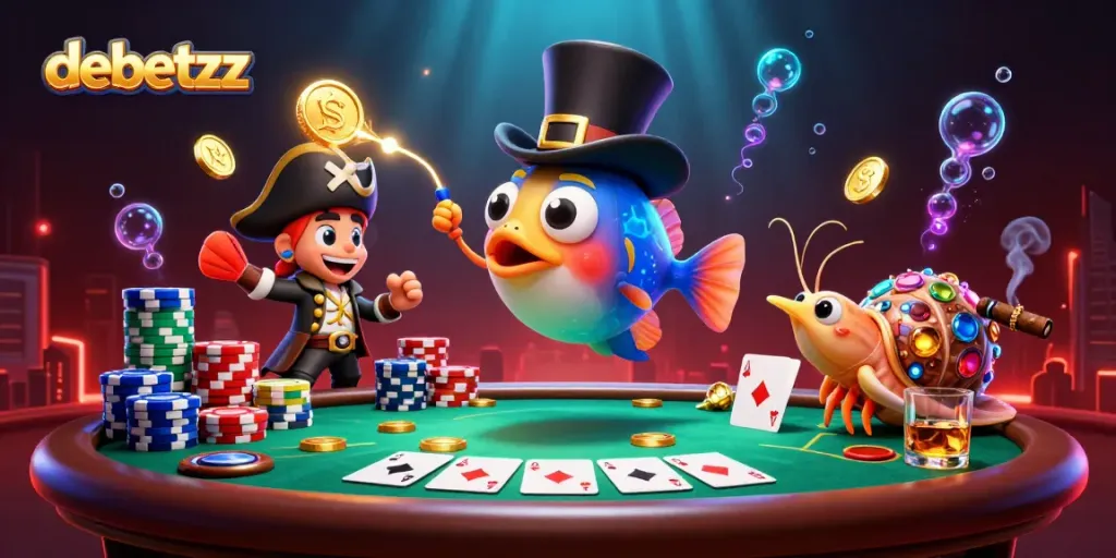 Engaging illustration showing debetzz with a glowing anglerfish attracting coins amidst a lively poker scene.