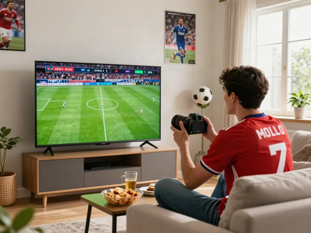 Soccer fan enjoying live streaming with cakhiatv on large screen in cozy living room.