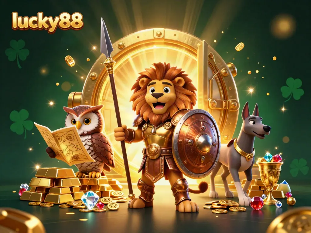 Experience thrilling gameplay with lucky88 in this vibrant 3D casino scene filled with treasures and characters.