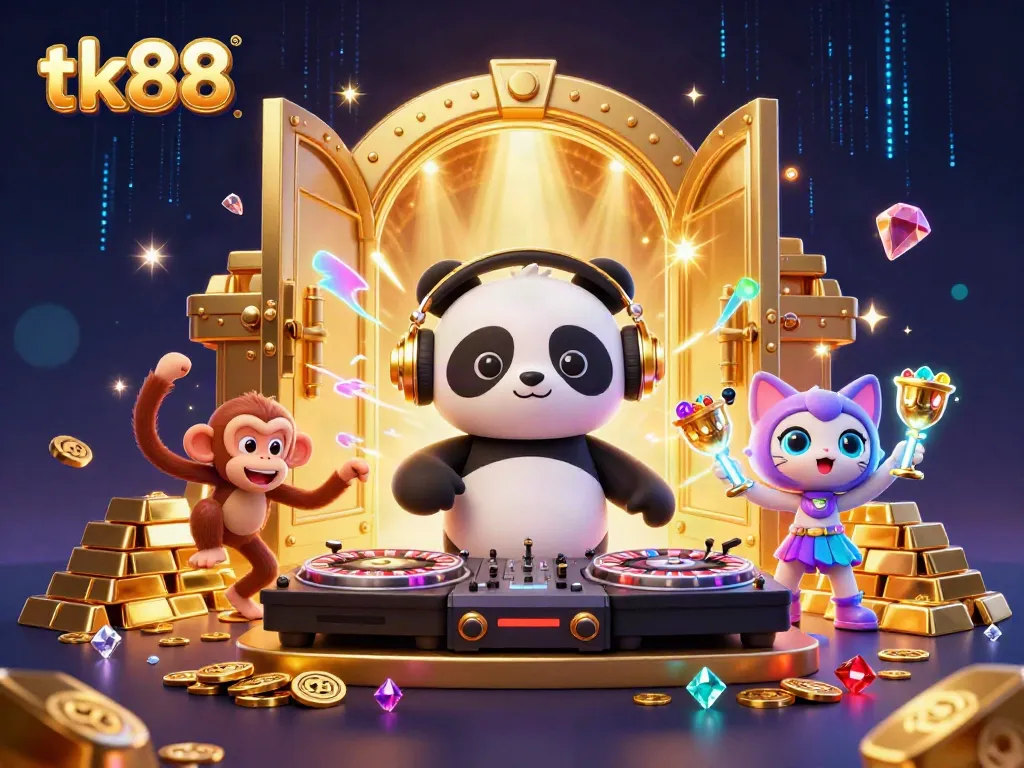 Spin for prizes in tk88's vibrant casino scene featuring colorful characters and dazzling treasures.