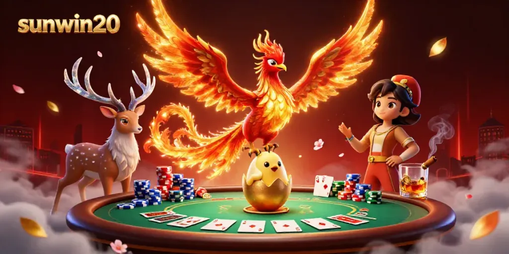 Experience the thrill of sunwin20 with a vibrant phoenix scene at a dynamic poker table.
