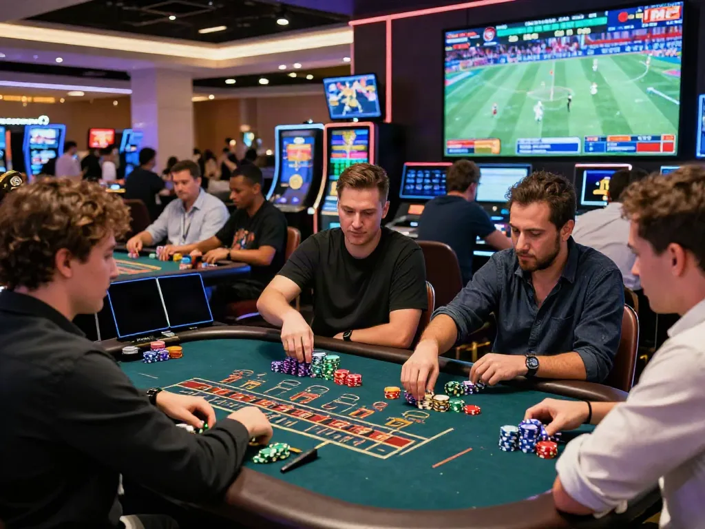 Exciting casino atmosphere with players engaged in betting activities at VIN88, showcasing dynamic interactions and vibrant gaming environment.