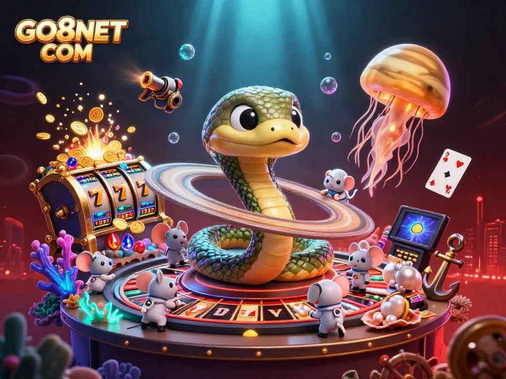 Experience thrilling bets with GO8NET COM in a vibrant casino-themed cosmic illustration.