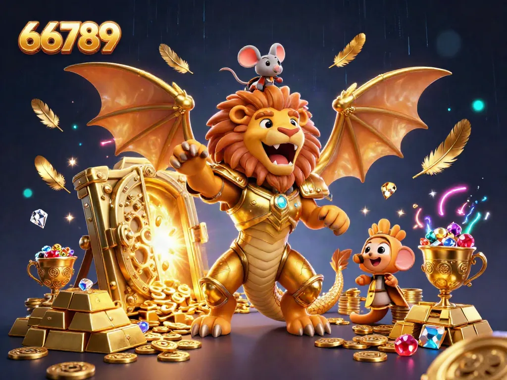 Experience thrilling wins at 66789 with an ultra-detailed 3D cartoon illustration of mythical creatures and treasure.