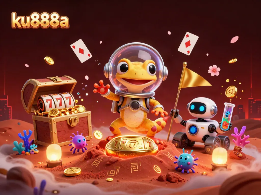 Engage with ku888a in a vibrant Martian casino scene, packed with colorful gems and slot reels.