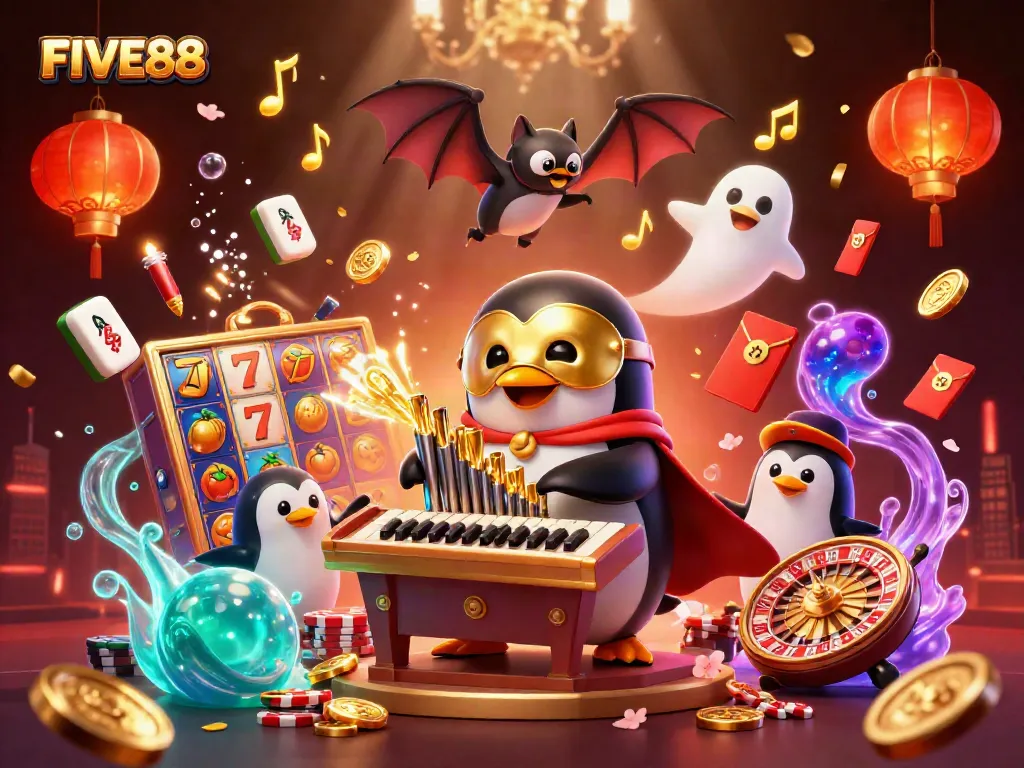 Experience thrilling gaming at FIVE88 with vibrant slot reels and dynamic casino elements.