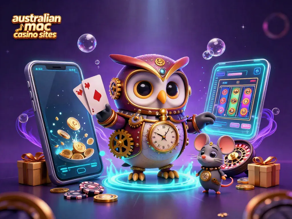 Experience the excitement of australian mac casino sites with dynamic 3D casino illustrations featuring vibrant game elements.
