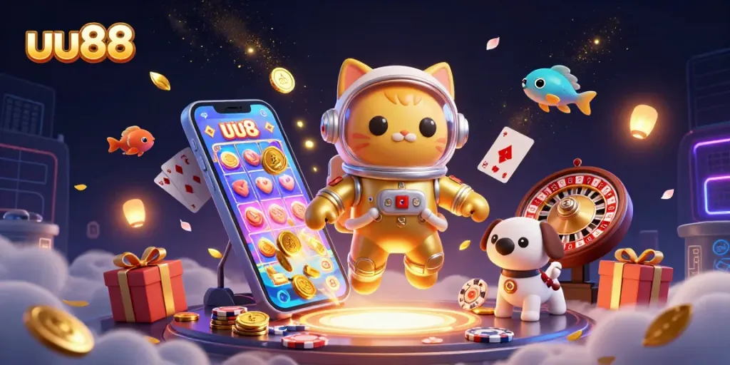Experience thrilling games at uu88, featuring an astronaut cat and a robot dog amidst vibrant casino elements.