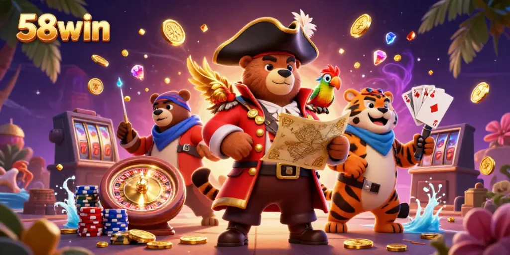 Engage with the vibrant 58win casino world, featuring a dynamic pirate scene and rich game elements.
