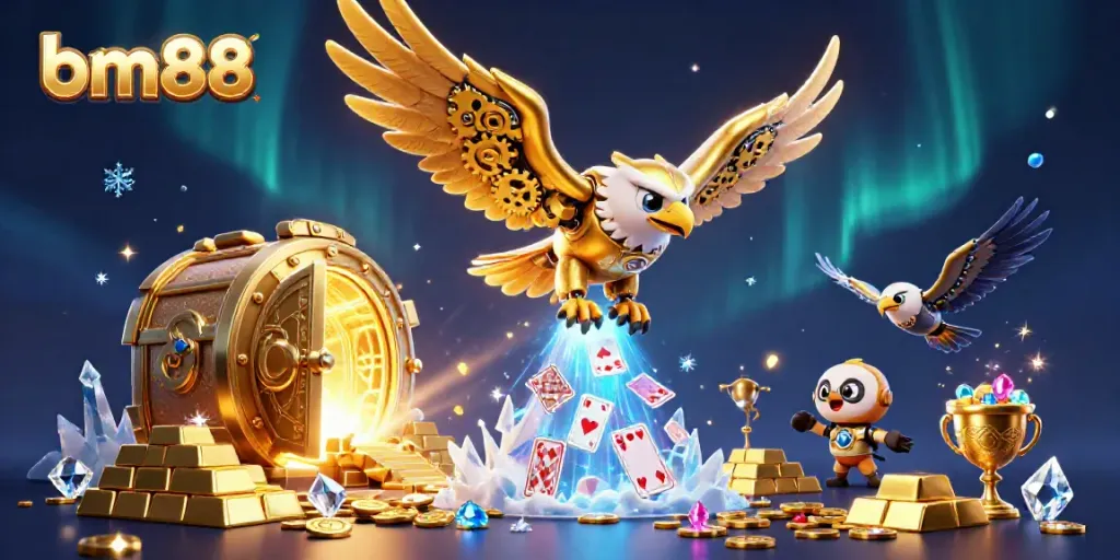 Engage in high-stakes betting with bm88, featuring a dynamic scene of a golden eagle amidst dazzling casino elements.