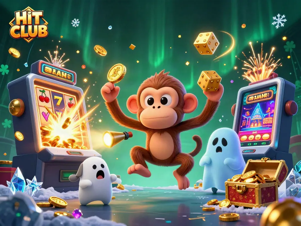 HIT CLUB showcases thrilling casino action with golden coins and a playful ghost-hunter puppy.