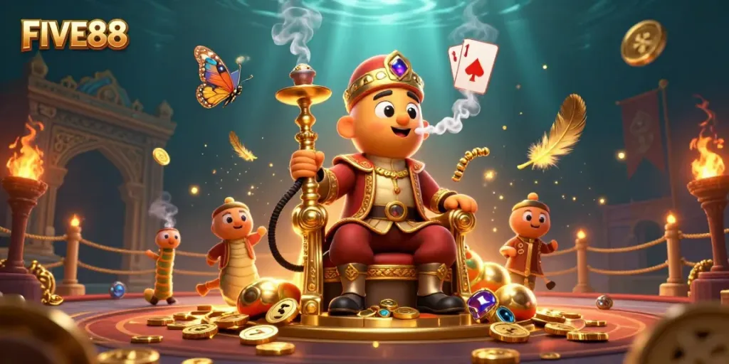 Experience FIVE88's unique online gaming world with illustrated characters in an engaging casino scene.