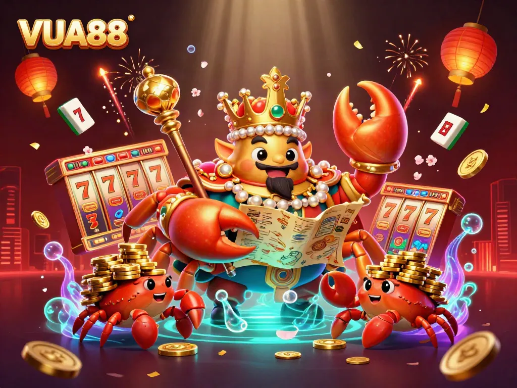 Join the adventure with VUA88 in this vibrant 3D casino scene featuring a golden crab emperor.