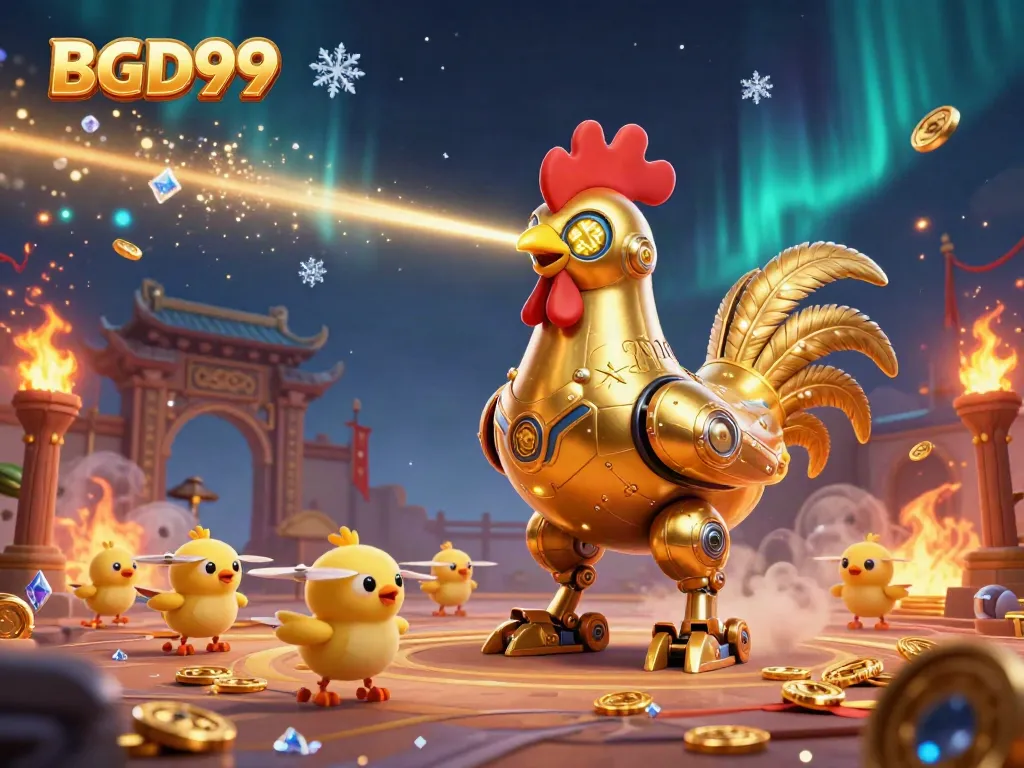 Engage in thrilling gaming with BGD99: Join the futuristic golden rooster battling in an immersive casino arena.