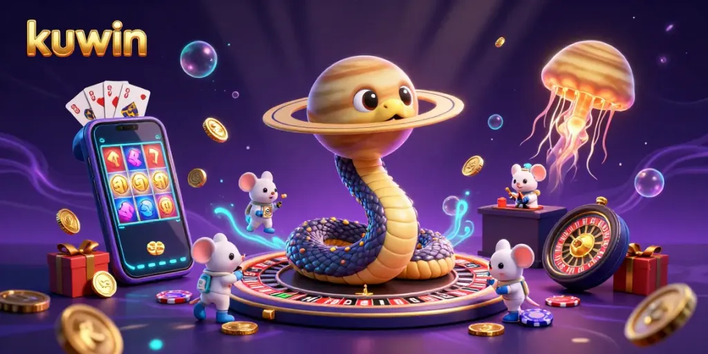 Kuwin's cosmic casino scene with a Saturn snake roulette and astronaut mice betting.