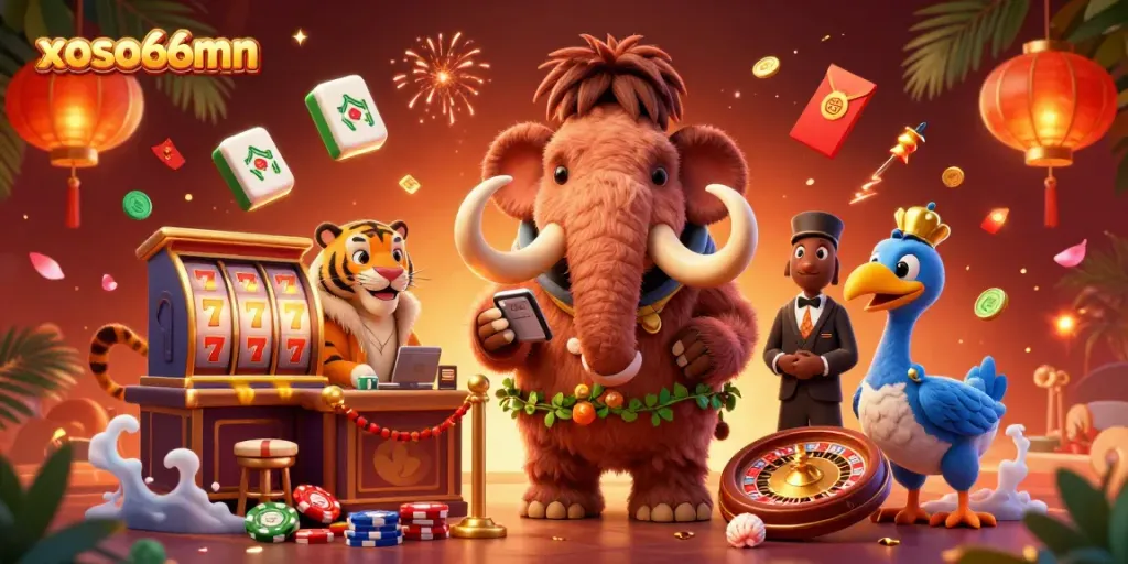 xoso66mn casino scene with cartoon mammoth bouncer, saber-tooth tiger guest, vibrant game elements