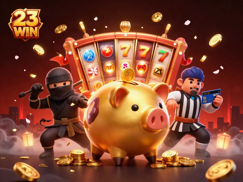 Experience thrilling action with 23 WIN in this vibrant casino illustration featuring playful characters and games.