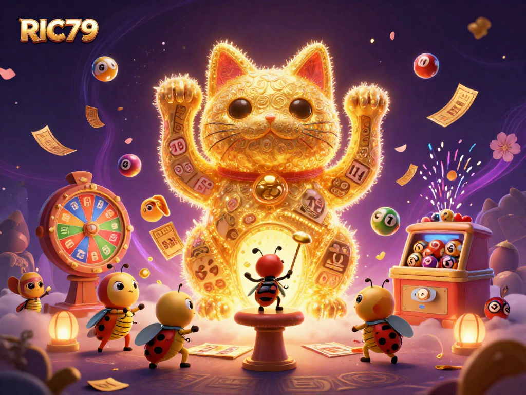 Experience RIC79’s vibrant new draws with a golden lucky cat and lottery symbols